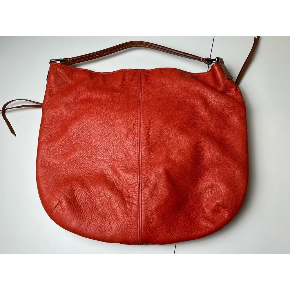 Christopher Kon Leather Slouch Purse Salmon Orange Strap Outside Zip Pockets